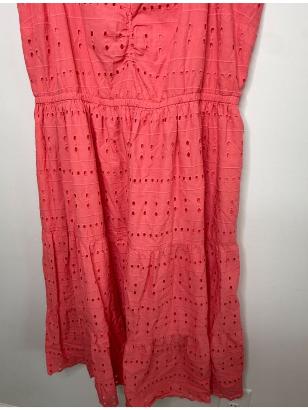 Lane Bryant Dress Size 18 Coral Eyelet Cotton Midi Sundress Tiered Ruched - Picture 8 of 9